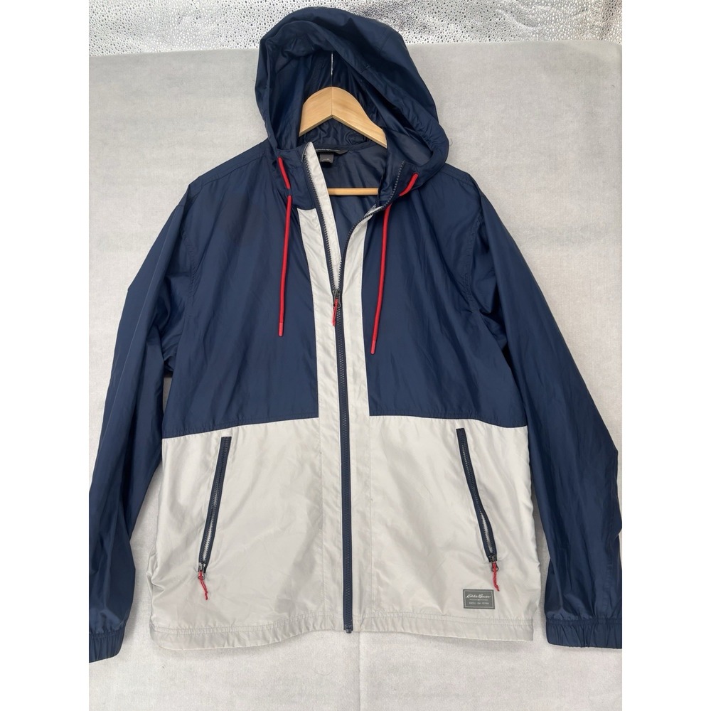 Eddie Bauer Men's M Windy Ridge Windbreaker Full Zip Vented Hood Navy/Wht